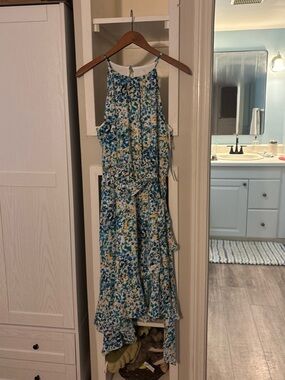 London Times White Floral-Printed Halter Dress with Teal and Yellow Accents